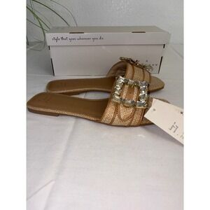A New Day Women's Kelsey tan Raffia Slides Embellished with Rhinestones Size 9